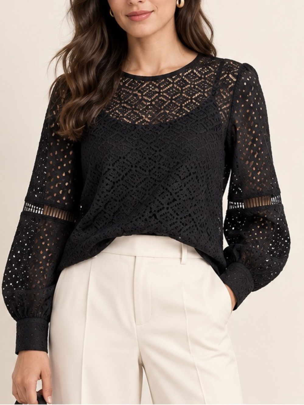 Banana Republic Black Lace Eyelet Blouse Long Sleeve Size Small